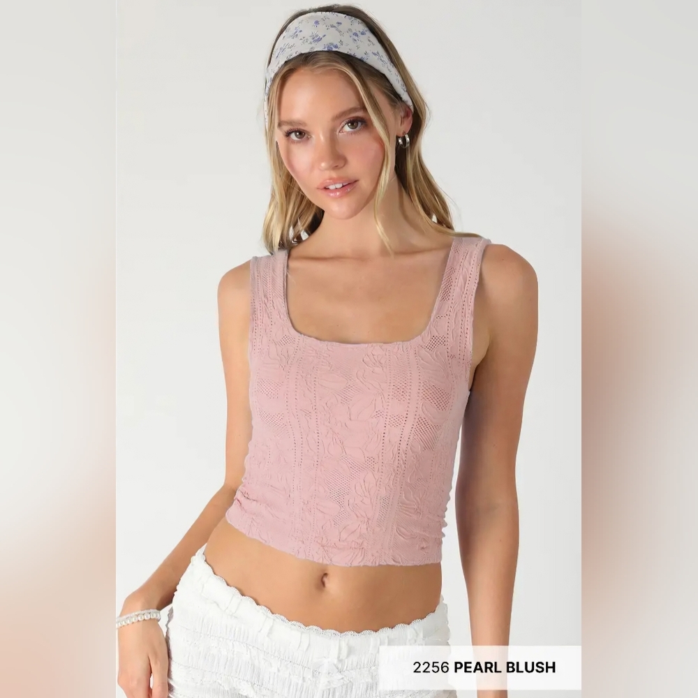 #1381 Nikibiki Double Layered Floral Textured Square Neck Crop Tank-Pearl Blush
